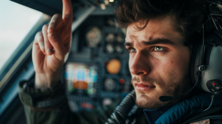 Pilot Inside the Cockpit Operating Controls During Daytime Flightの素材