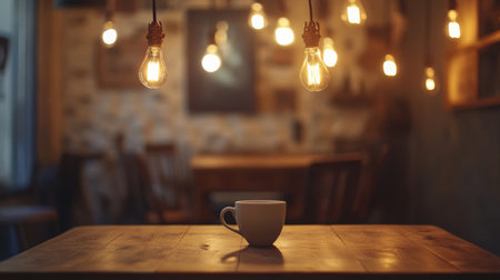 Cozy cafe atmosphere with warm lighting and a steaming cup on the table in the eveningの素材