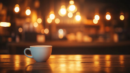 A cozy coffee cup on a wooden table in a warmly lit cafe during the evening hoursの素材
