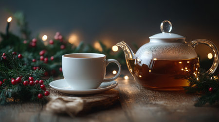 Cozy tea time with a cup and teapot surrounded by festive decorations and soft lightsの素材