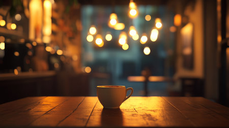 A cozy coffee cup sits on a wooden table in a warmly lit cafe during the evening hoursの素材