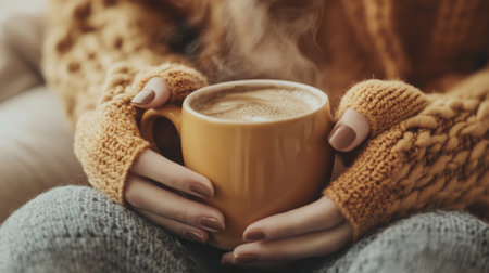 A cozy moment enjoying warm coffee at home while wearing a knitted sweater in autumnの素材