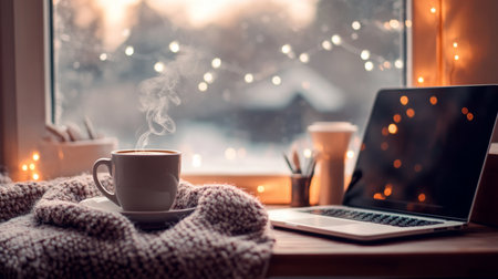 Cozy indoor workspace with steaming coffee, warm blanket, and laptop during winter eveningの素材