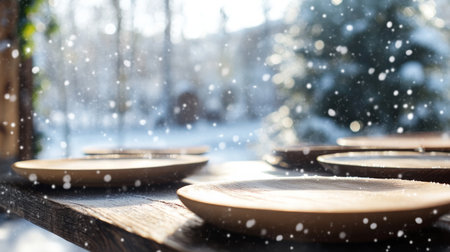 Snowflakes fall gently as wooden plates rest on rustic table in winter wonderland outdoorsの素材
