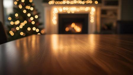 A warm and inviting wooden table sits in front of a fireplace and Christmas treeの素材