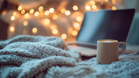 Cozy winter morning with warm drink and laptop on a knitted blanket near twinkling lightsの素材