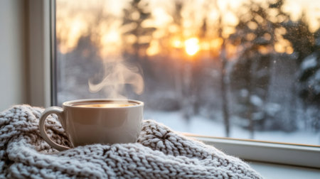 Warm coffee cup resting on a cozy blanket by the window during a snowy sunsetの素材