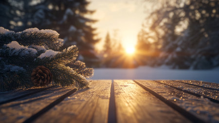 Sunset glow over wooden table adorned with snow-covered pine branches in winter wonderlandの素材