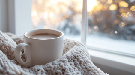 Cozy coffee cup on a warm blanket beside a snowy window at sunrise in winterの素材