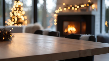 Cozy dining area with a wooden table, festive lights, and a warm fireplace during winterの素材