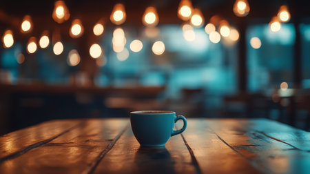 A cozy coffee cup placed on a wooden table amidst warm ambient lighting in a cafeの素材