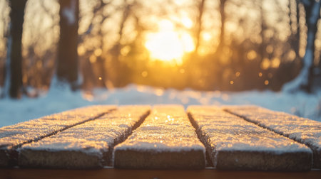 Sunrise over a snowy path with frost on wooden planks in a tranquil winter landscapeの素材