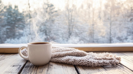 A white mug filled with coffee, with steam rising from the top, sits on worn wooden tableの素材