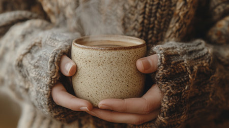 Cozy moment with a steaming cup of coffee in a warm sweater during a chilly morningの素材