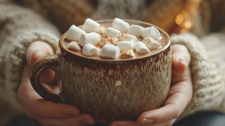 Cozy cup of hot chocolate with marshmallows held in hands during a chilly winter afternoonの素材