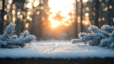 Frost-covered branches under a soft sunset in a serene winter forestの素材