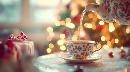 Delicate tea pouring into a floral cup amidst festive holiday decorationsの素材
