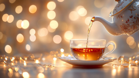 A steaming cup of tea is poured from an ornate teapot against a backdrop of warm lightsの素材