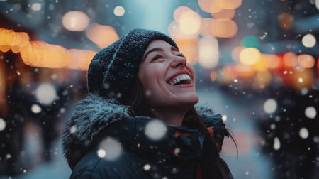 Joyful woman enjoying snowfall in city street decorated with festive lights during winterの素材