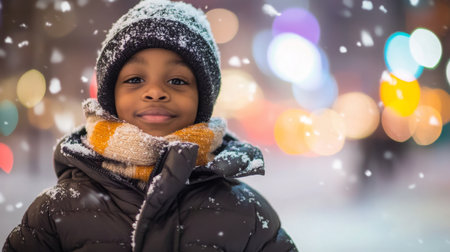 Smiling child in winter attire enjoying snowfall during a festive evening in the cityの素材