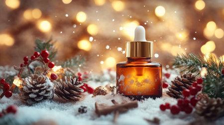 A bottle of essential oil sits in the snow with pine cones and red berriesの素材