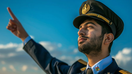 Confident Young Air Force Pilot Pointing Skyward on a Clear Dayの素材