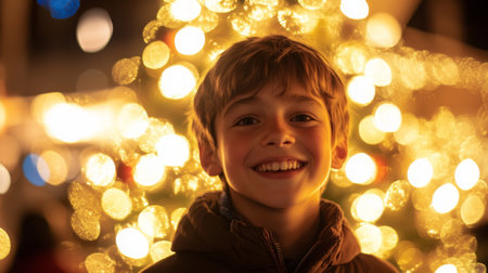 A joyful child smiles brightly in front of a beautifully lit Christmas tree at nightの素材