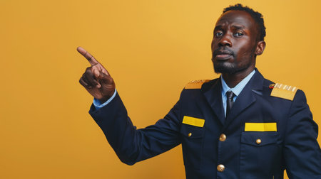 Black Man in Uniform Pointing Against Yellow Background in Studio Settingの素材