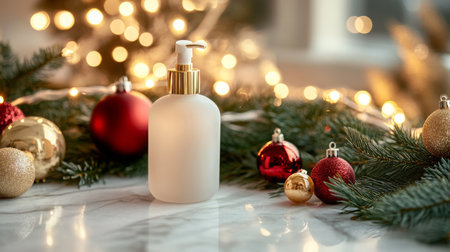 Festive holiday skincare display with a frosted bottle set among golden and red ornamentsの素材