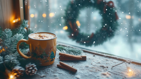 Cozy winter scene with warm beverage by the window adorned with holiday decorationsの素材