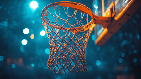 A close-up of a basketball hoop during an evening game highlighting the excitement and atmosphere of indoor sports. Generative AIの素材