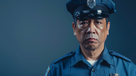 Serious Asian Police Officer Posing in Uniform Against Gray Backgroundの素材