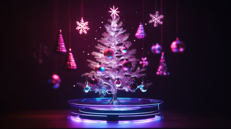 A vibrant Christmas tree adorned with sparkling ornaments stands on a reflective platformの素材