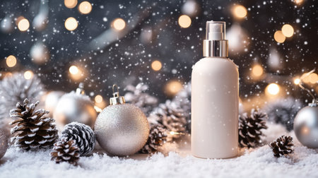 Winter beauty product display with festive decorations and soft snowfall effectの素材
