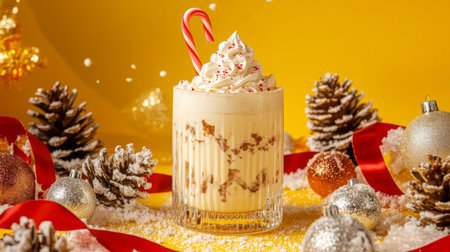 A festive peppermint white Russian with candy cane garnish sits among holiday decorationsの素材