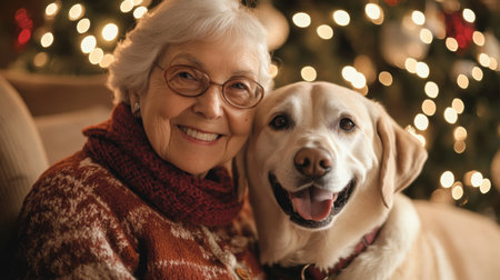 An elderly woman smiles with her dog in front of a Christmas treeの素材