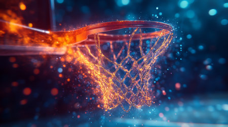 Dynamic basketball hoop glowing with vibrant colors during a nighttime game, showcasing energy and excitement on the court. Generative AIの素材