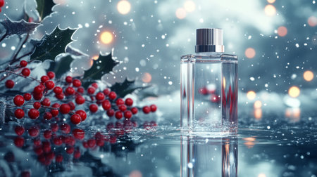 Winter scene: clear bottle with holly and mistletoe in a festive settingの素材