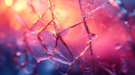 Glowing ice fragments reflecting light in vibrant colors during winter evening in a quiet, serene environment. Generative AIの素材