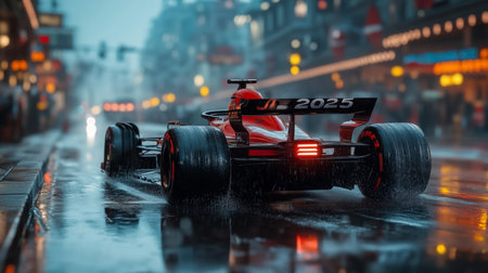 Rain-soaked streets illuminate as a racing car speeds through a city in 2025, showcasing powerful design and precision engineering. Generative AIの素材