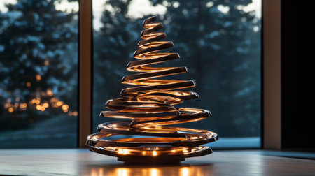 Modern spiral Christmas tree decoration illuminated in a cozy indoor setting during winterの素材