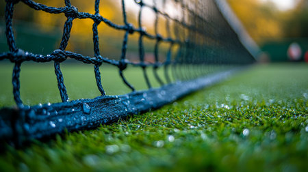 A close-up view of a tennis net on a well-maintained court during a sunny afternoon, highlighting the vibrant green grass. Generative AIの素材