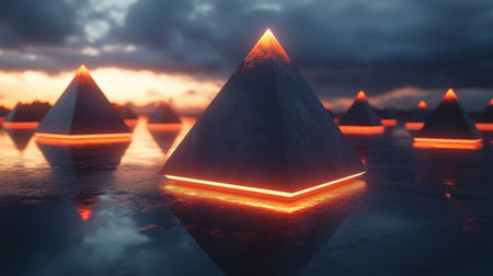 Illuminated pyramids reflecting on water at twilight with a dramatic sky creating a mystical atmosphere. Generative AIの素材