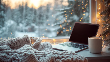 Cozy workspace by a window with a laptop and warm beverage during winter twilightの素材
