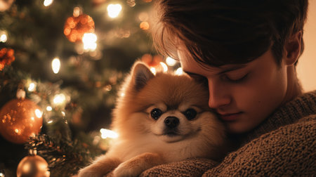 A young man snuggles with a Pomeranian near a festive Christmas tree adorned with lightsの素材
