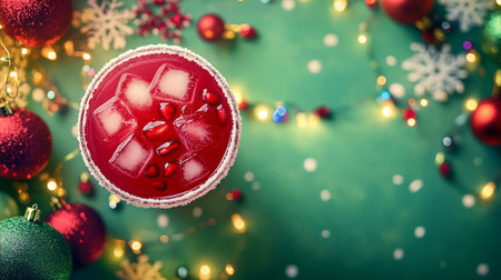 Festive cocktail with ice and garnishes against a colorful holiday backdropの素材