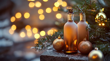 Two bottles of liquor sit on a stone surface next to a Christmas tree branchの素材