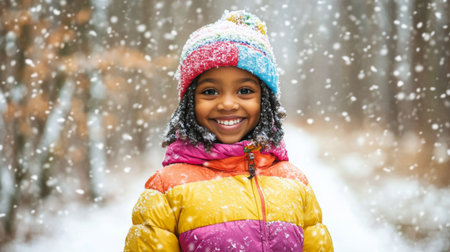 Cheerful child smiling in colorful winter coat during snowfall in a serene forest settingの素材