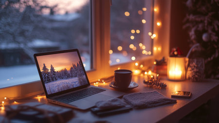 Cozy winter evening workspace with laptop, warm drink, and festive lights by the windowの素材
