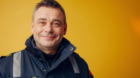 Smiling Firefighter in Uniform Against Bright Yellow Background During Daytimeの素材